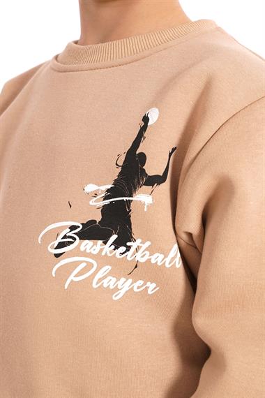 Bisiklet Yaka Şardonlu Basketball Baskılı Vizon Renk Erkek Çocuk Sweat
