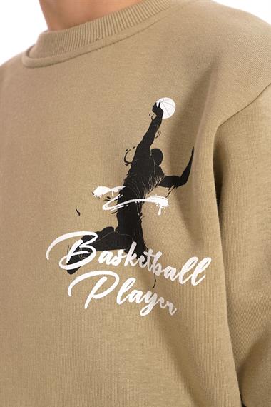 Bisiklet Yaka Şardonlu Basketball Baskılı Yeşil Renk Erkek Çocuk Sweat