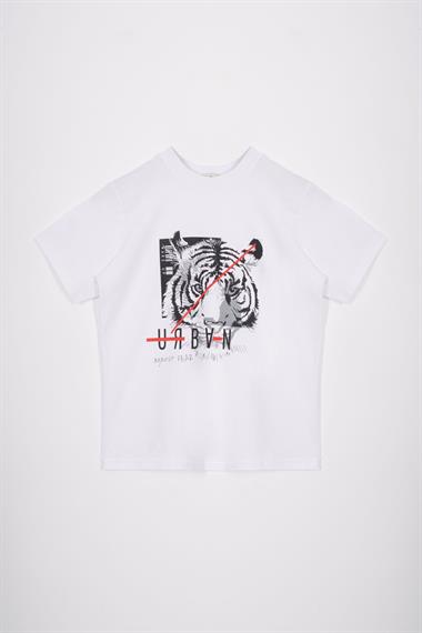Bisiklet Yaka Kaplan Baskılı Beyaz Renk Erkek Çocuk Tshirt