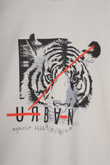 Bisiklet Yaka Kaplan Baskılı Taş Renk Erkek Çocuk Tshirt