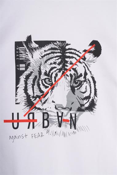 Bisiklet Yaka Kaplan Baskılı Beyaz Renk Erkek Çocuk Tshirt