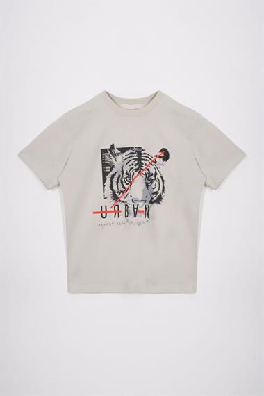 Bisiklet Yaka Kaplan Baskılı Taş Renk Erkek Çocuk Tshirt