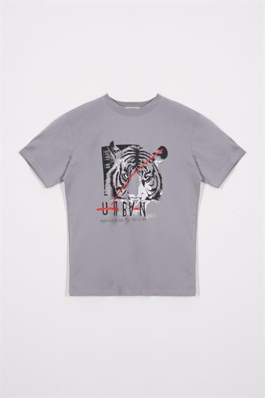 Bisiklet Yaka Kaplan Baskılı Gri Renk Erkek Çocuk Tshirt