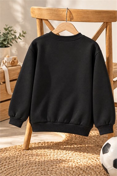 Erkek Çocuk 3 İplik Şardonlu Siyah Sweatshirt Into The Wild Baskılı Bisiklet Yaka