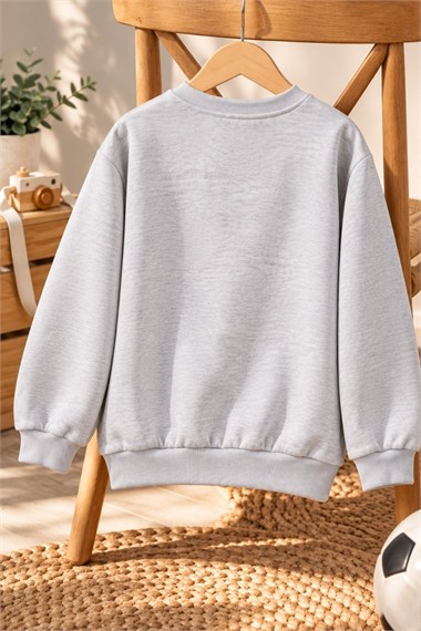 Erkek Çocuk 3 İplik Şardonlu Gri Sweatshirt Into The Wild Baskılı Bisiklet Yaka