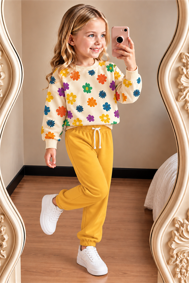 Kız Çocuğu Çiçek Desenli Sweatshirt Hardal Sarı Jogger Eşofman Takımı