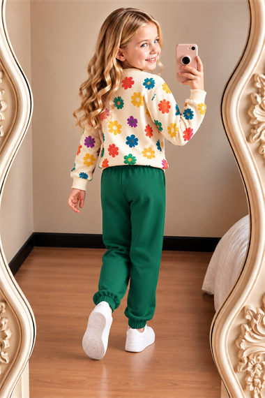 Kız Çocuğu Çiçek Desenli Sweatshirt Yeşil Renk Jogger Eşofman Takımı