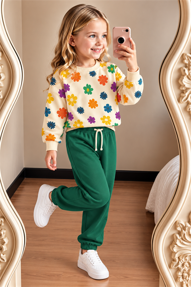 Kız Çocuğu Çiçek Desenli Sweatshirt Yeşil Renk Jogger Eşofman Takımı
