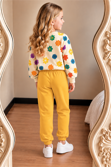 Kız Çocuğu Çiçek Desenli Sweatshirt Hardal Sarı Jogger Eşofman Takımı