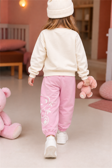 Kız Çocuk Eşofman Takımı Ayıcık Baskılı Sweatshirt Pembe Günlük Spor Takım