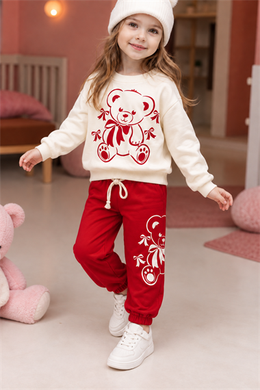 Kız Çocuk Eşofman Takımı Ayıcık Baskılı Sweatshirt Kırmızı Günlük Spor Takım