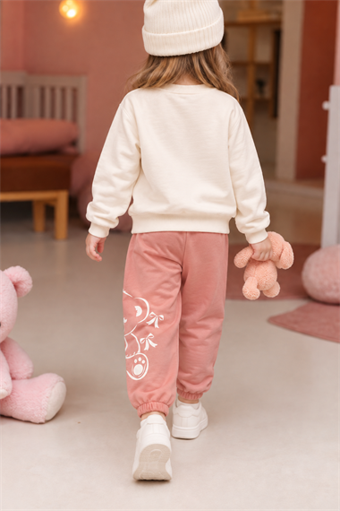 Kız Çocuk Eşofman Takımı Ayıcık Baskılı Sweatshirt Pudra Günlük Spor Takım