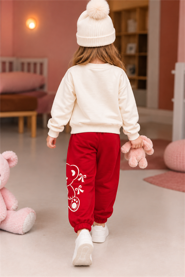 Kız Çocuk Eşofman Takımı Ayıcık Baskılı Sweatshirt Kırmızı Günlük Spor Takım