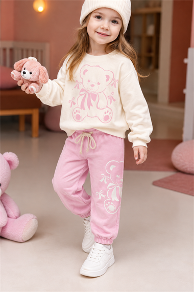 Kız Çocuk Eşofman Takımı Ayıcık Baskılı Sweatshirt Pembe Günlük Spor Takım