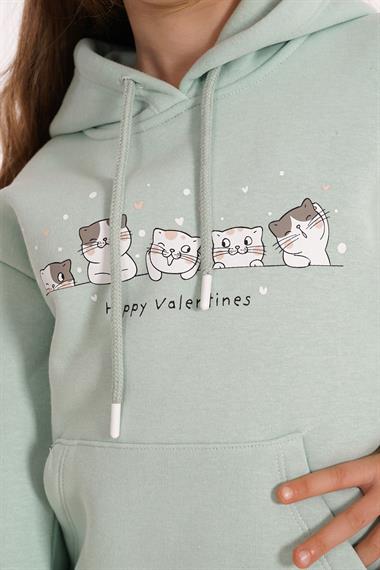 Kedi Baskılı Kanguru Cepli Toz Mint Renk Kız Çocuk Kapüşonlu Sweat
