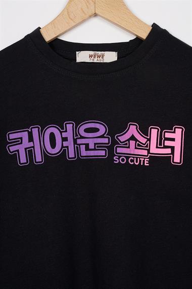 Bisiklet Yaka Baskılı Siyah Renk Kız Çocuk Tshirt