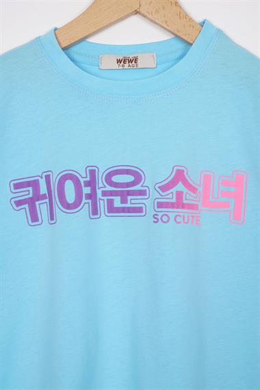 Bisiklet Yaka Baskılı Açık Mavi Renk Kız Çocuk Tshirt