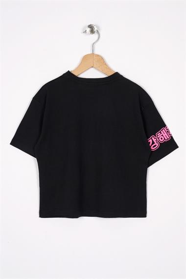 Bisiklet Yaka Baskılı Siyah Renk Kız Çocuk Tshirt