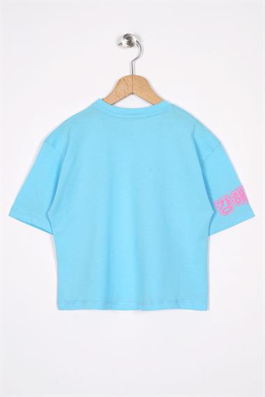 Bisiklet Yaka Baskılı Açık Mavi Renk Kız Çocuk Tshirt