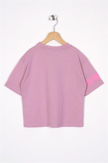 Bisiklet Yaka Baskılı Lila Renk Kız Çocuk Tshirt