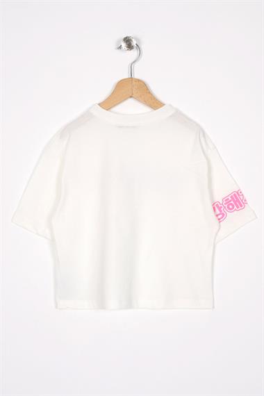 Bisiklet Yaka Baskılı Ekru Renk Kız Çocuk Tshirt