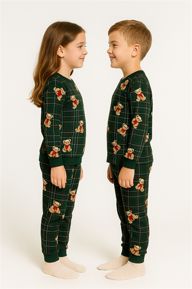 Bisiklet Yaka Ayıcık Baskılı Yeşil Renk Unisex Çocuk Pijama Takımı