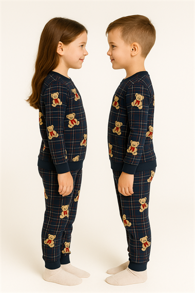 Bisiklet Yaka Ayıcık Baskılı Lacivert Renk Unisex Çocuk Pijama Takımı