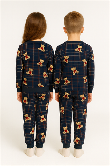 Bisiklet Yaka Ayıcık Baskılı Lacivert Renk Unisex Çocuk Pijama Takımı