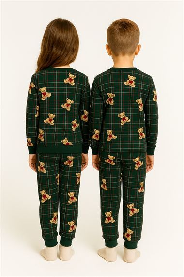 Bisiklet Yaka Ayıcık Baskılı Yeşil Renk Unisex Çocuk Pijama Takımı