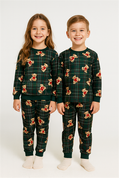 Bisiklet Yaka Ayıcık Baskılı Yeşil Renk Unisex Çocuk Pijama Takımı