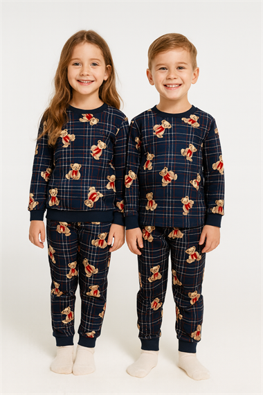 Bisiklet Yaka Ayıcık Baskılı Lacivert Renk Unisex Çocuk Pijama Takımı