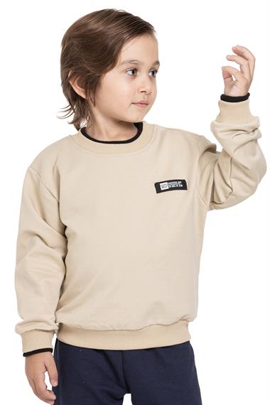 Yakası Kaşkorse Detaylı Bej Renk Erkek Çocuk Sweatshirt