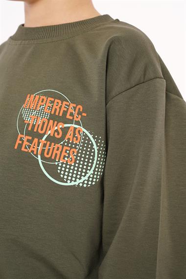 Yazı Baskılı Haki Renk Erkek Çocuk  Sweatshirt