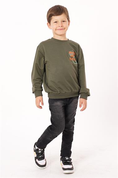Yazı Baskılı Haki Renk Erkek Çocuk  Sweatshirt