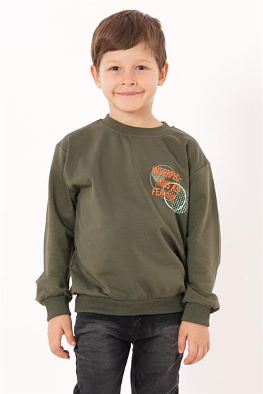 Yazı Baskılı Haki Renk Erkek Çocuk  Sweatshirt