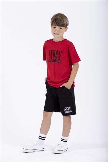 Yazı Baskılı Kırmızı Renk Erkek Çocuk Şortlu Takım