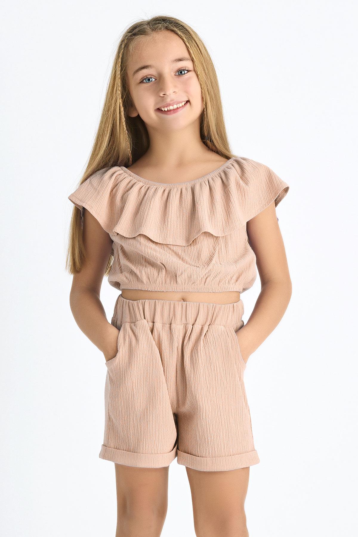 Acar 622172 Kız Cocuk 6-9 Yas Fırfır Kollu  Belı Lastıklı Cep Detaylı Sortlu Takım