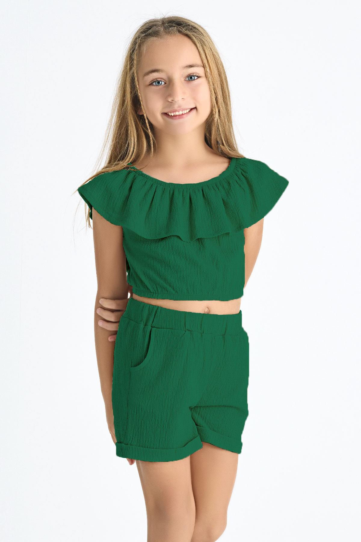 Acar 622172 Kız Cocuk 6-9 Yas Fırfır Kollu  Belı Lastıklı Cep Detaylı Sortlu Takım