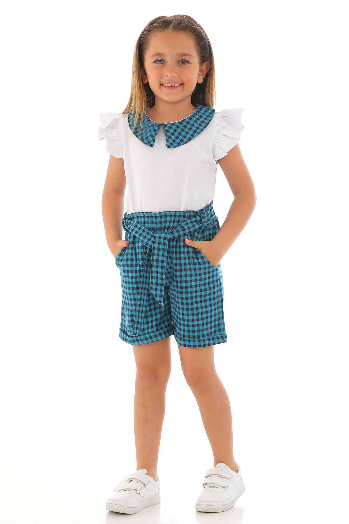 Acar 623036 Kız Cocuk 6-9 Yas Karelı Belı Kusaklı Kol Fırfırlı Sortlu Takım