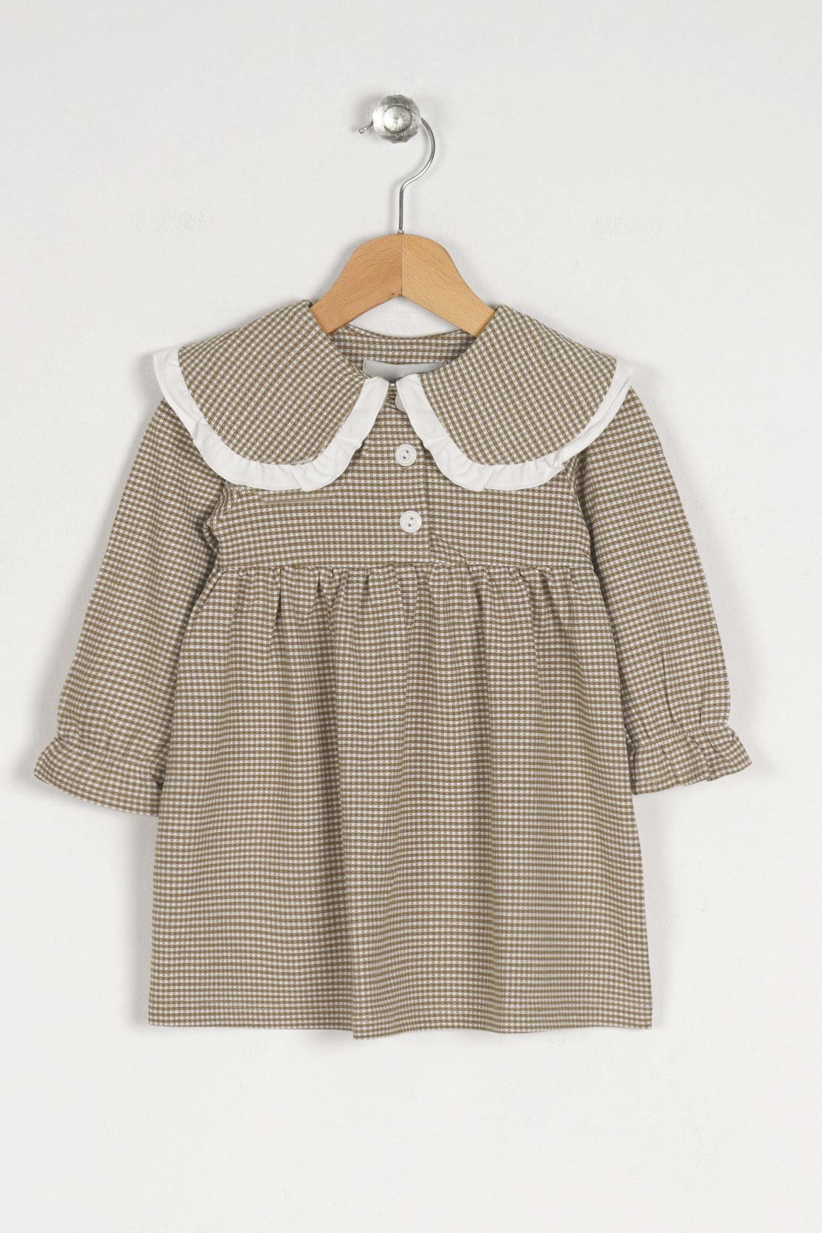 Bebe Yaka Uzun Kol Pıtıkarelı Bebe Yaka Dugmelı Acik Bej Renk Kız Çocuk Elbıse