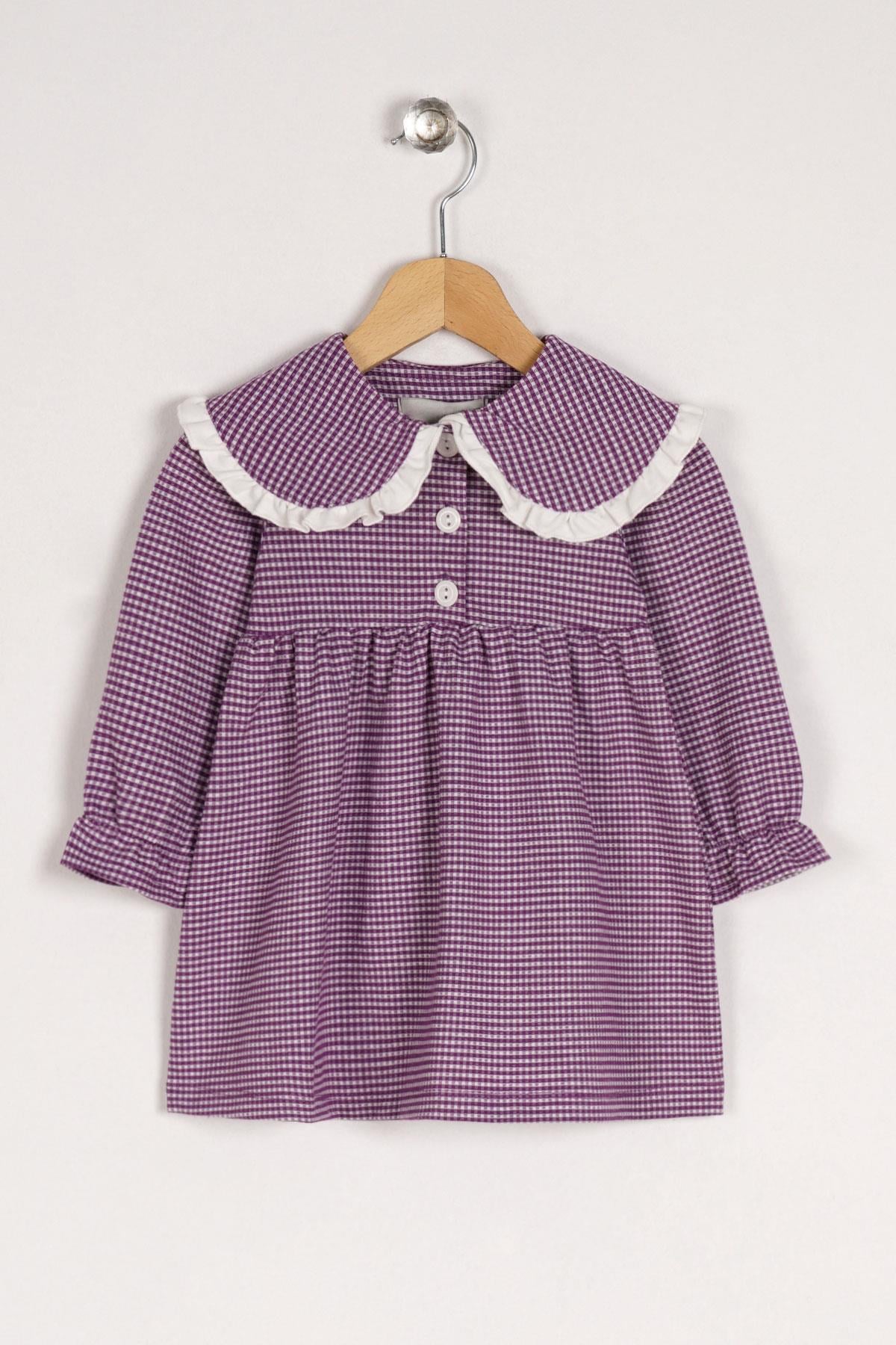 Bebe Yaka Uzun Kol Pıtıkarelı Bebe Yaka Dugmelı Açik Mor Renk Kız Çocuk Elbıse