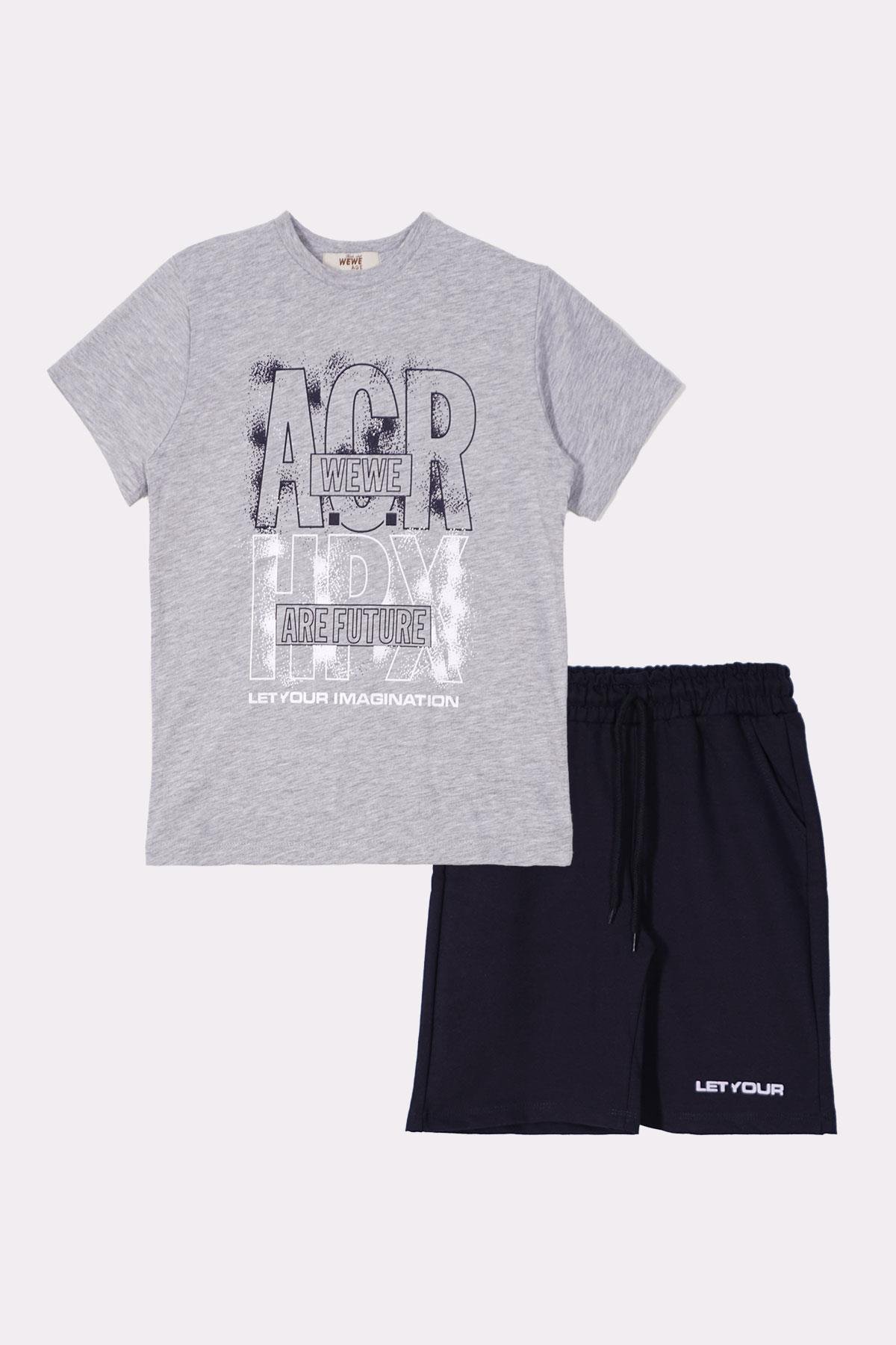 Bisiklet Yaka Kısa Kol Acr Wewe Baskılı Gri Renk Erkek Çocuk Kaprili Takım