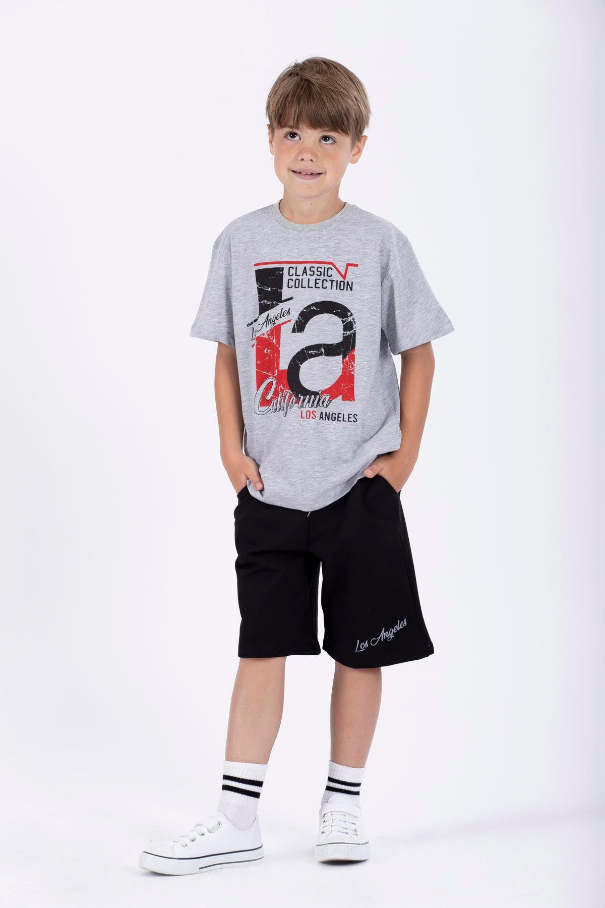 Bisiklet Yaka Kısa Kol Classıc Collectıon Baskılı Gri Renk Erkek Çocuk Kaprılı Takım
