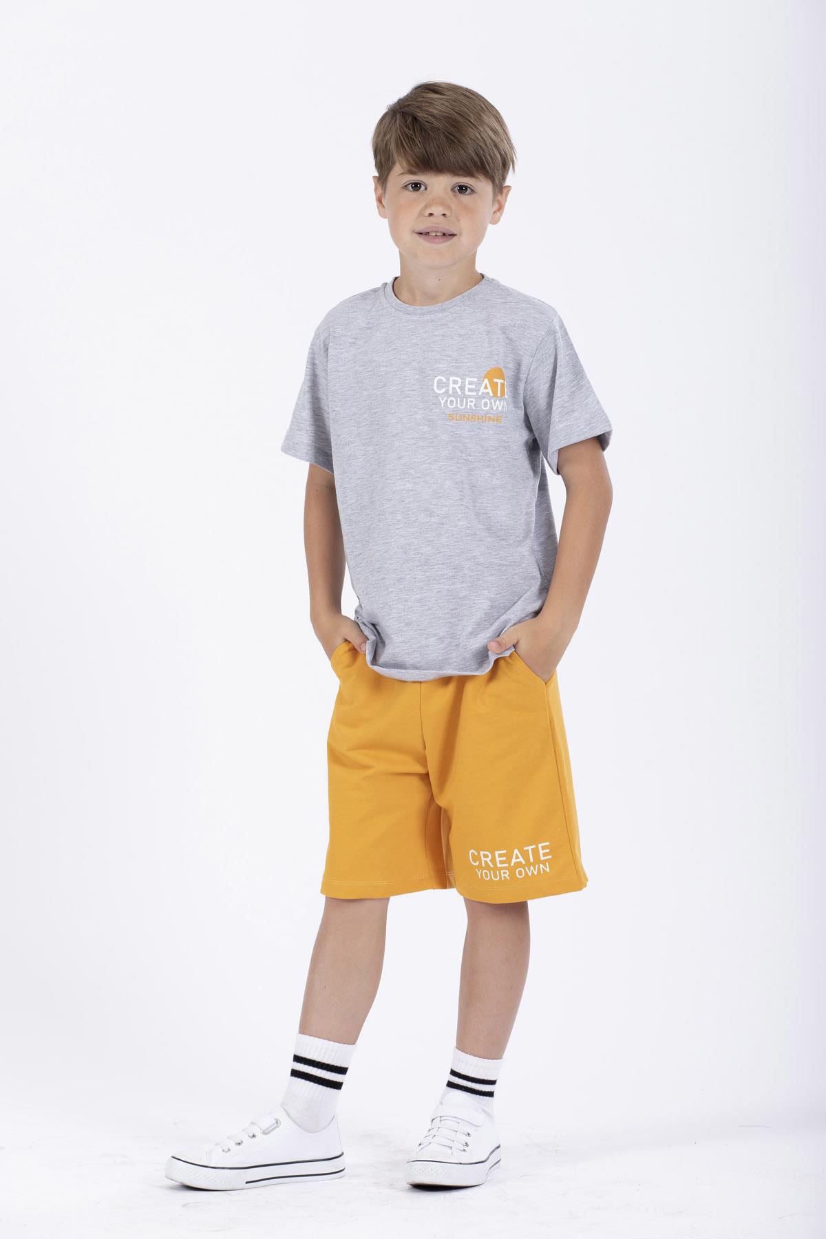 Bisiklet Yaka Kısa Kol Create Your Own Baskılı Gri Renk Erkek Çocuk Kaprılı Takım