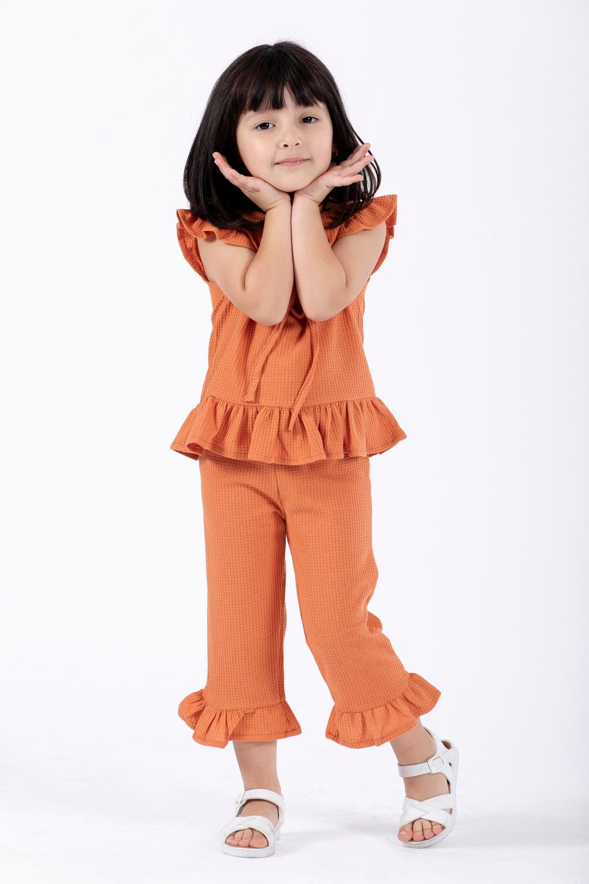 Bisiklet Yaka Kısa Kol Waffel Paca Fırfırlı Ikılı Takım Kiremit Renk Kız Çocuk Ikılı Takım