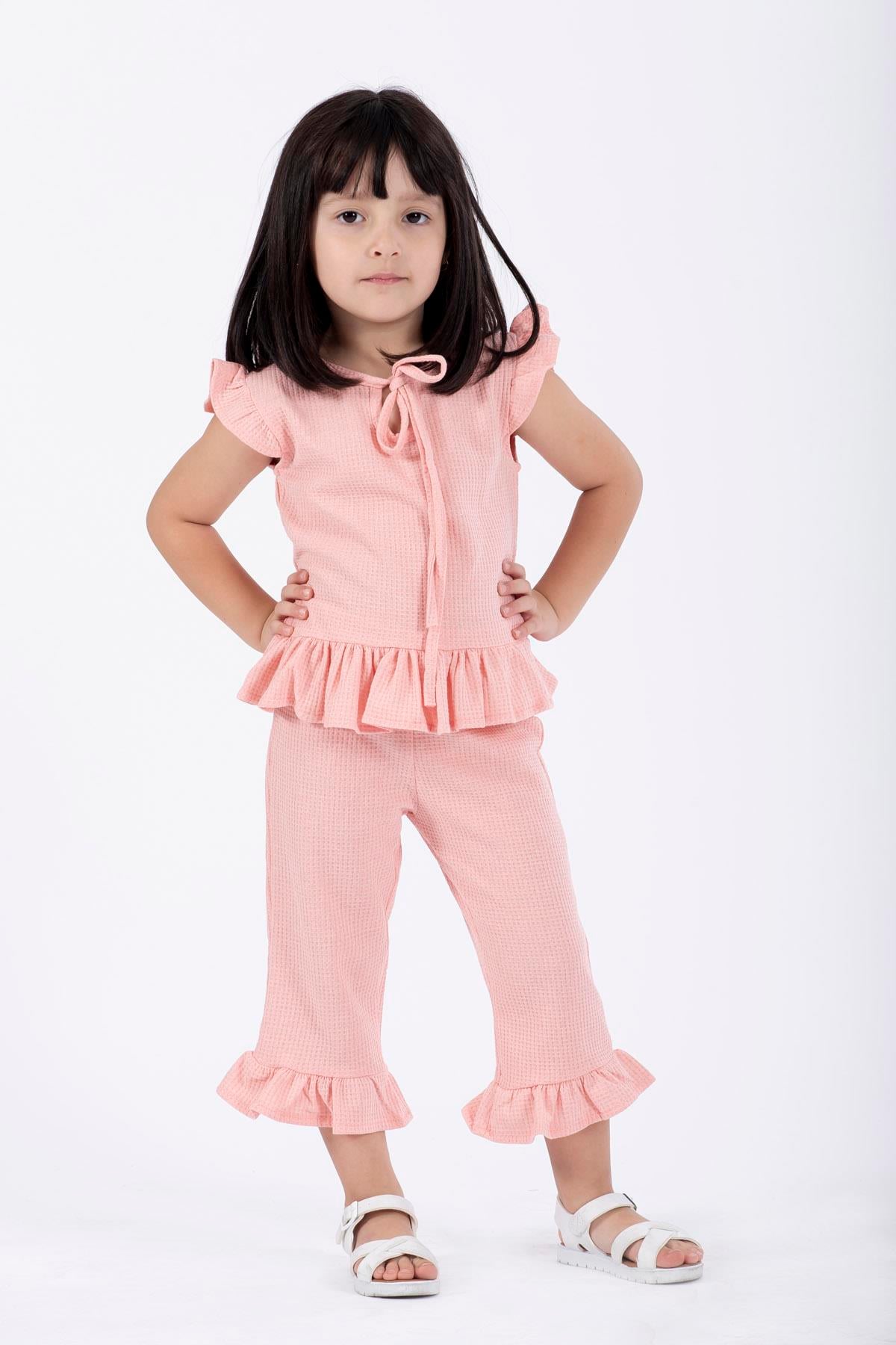 Bisiklet Yaka Kısa Kol Waffel Paca Fırfırlı Ikılı Takım Pembe Renk Kız Çocuk Ikılı Takım