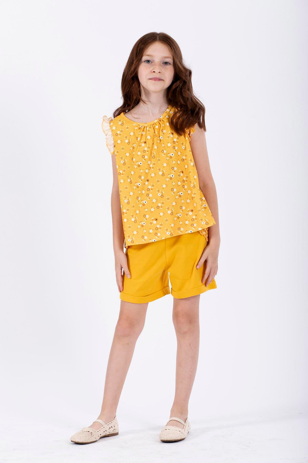 Bisiklet Yaka Sıfır Kol Çiçek Baskılı Beli Lastikli Cepli Sari Renk Kız Çocuk Sortlu Takım