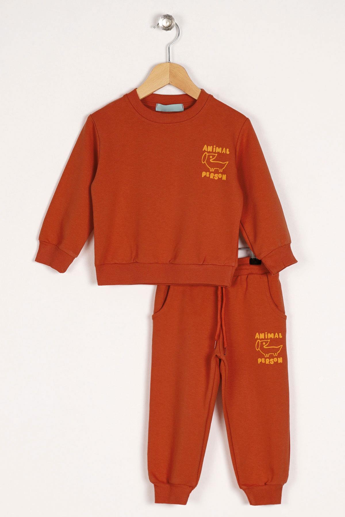 Bisiklet Yaka Uzun Kol Anımal Person Baskılı Kiremit Renk Erkek Çocuk Esofman Takım