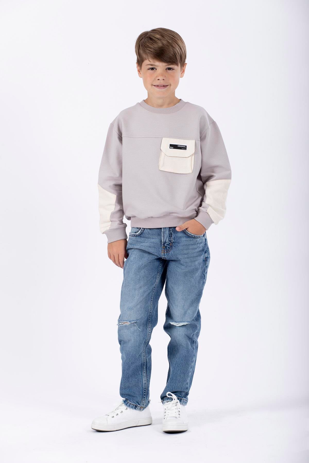 Bisiklet Yaka Uzun Kol Cep Detaylı Sweat Taş Rengi Erkek Çocuk Sweatshirt