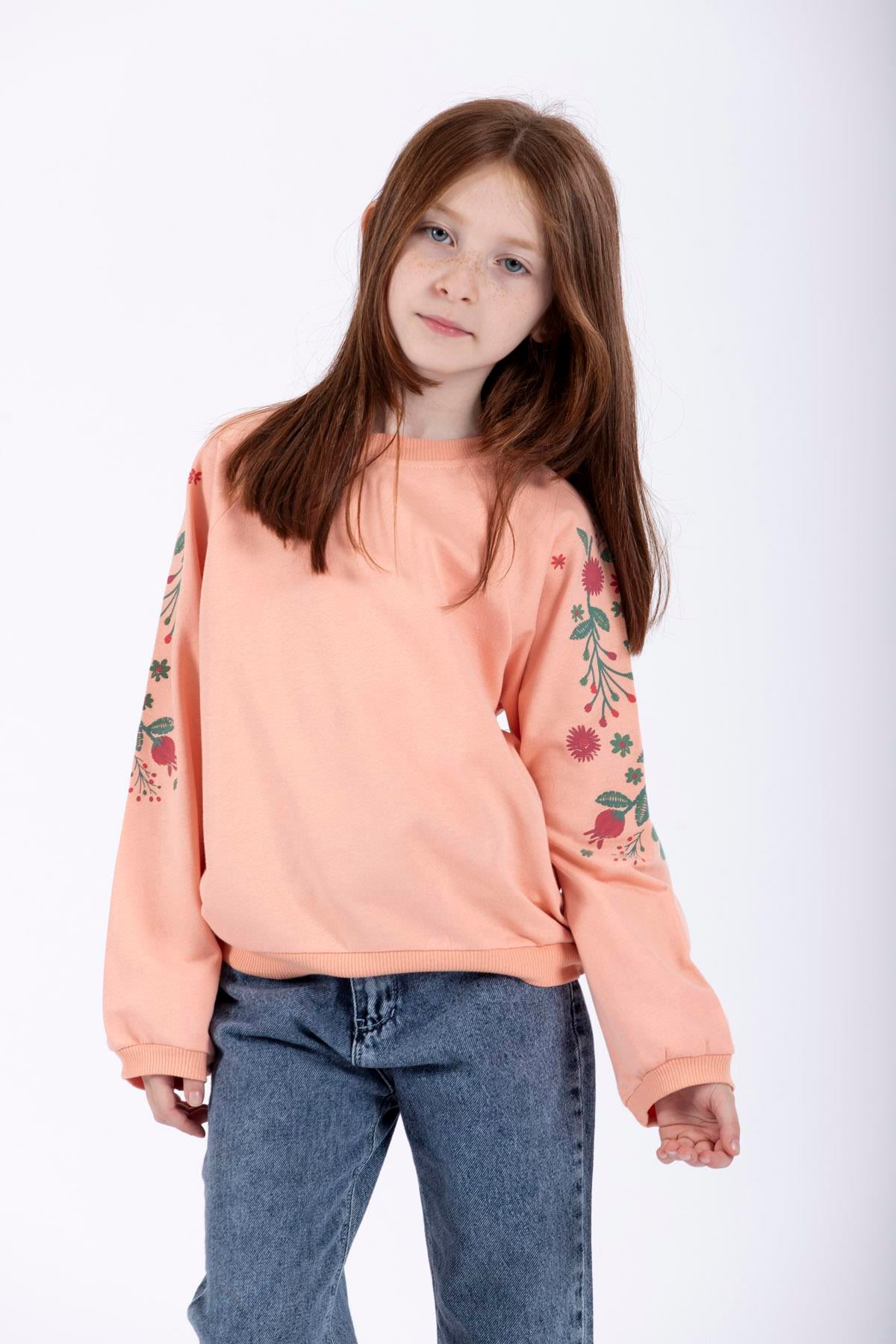 Bisiklet Yaka Uzun Kol Çiçek Baskılı Somon Renk Kız Çocuk Sweatshirt